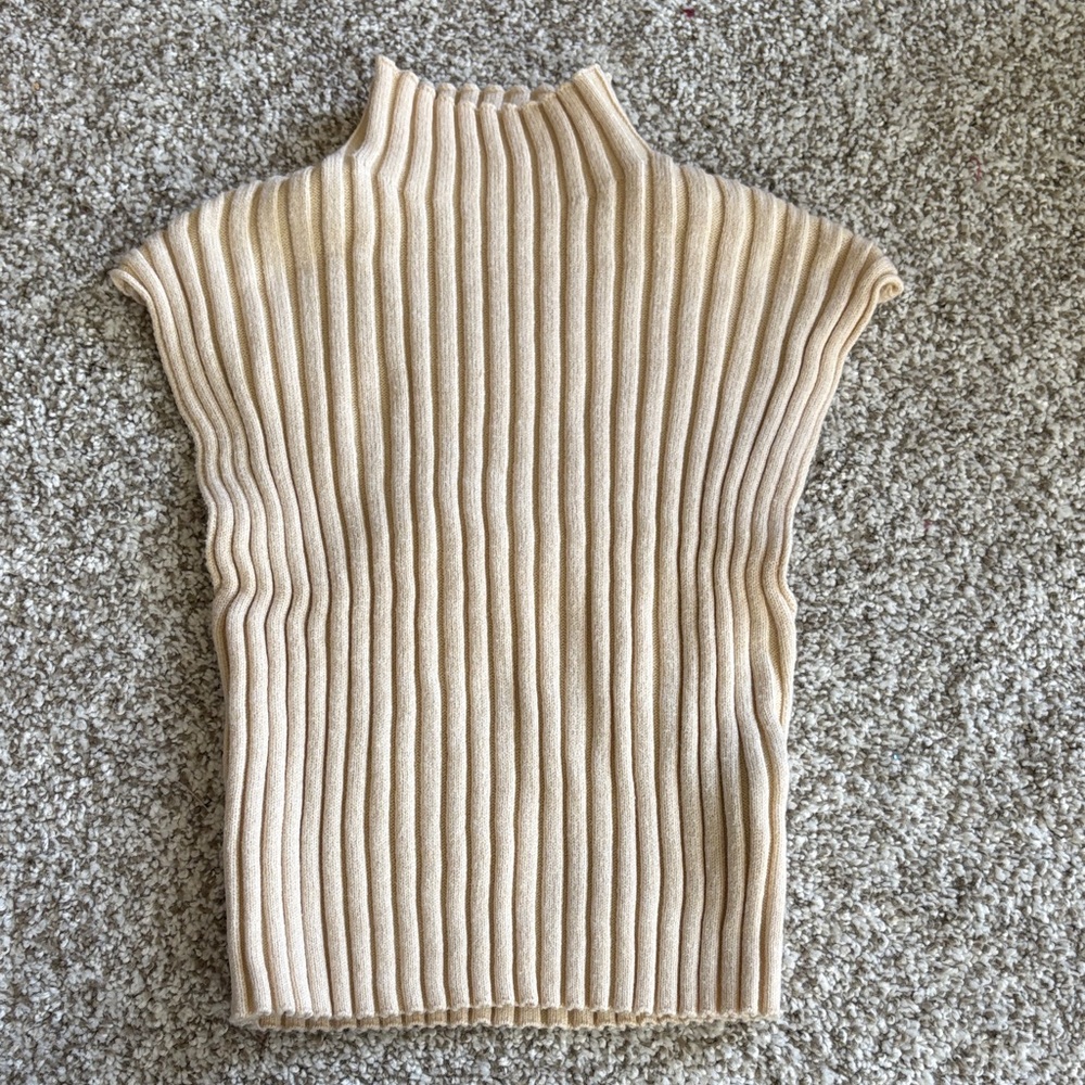 Sleeveless Ribbed Knit Mock Neck Top - Beige